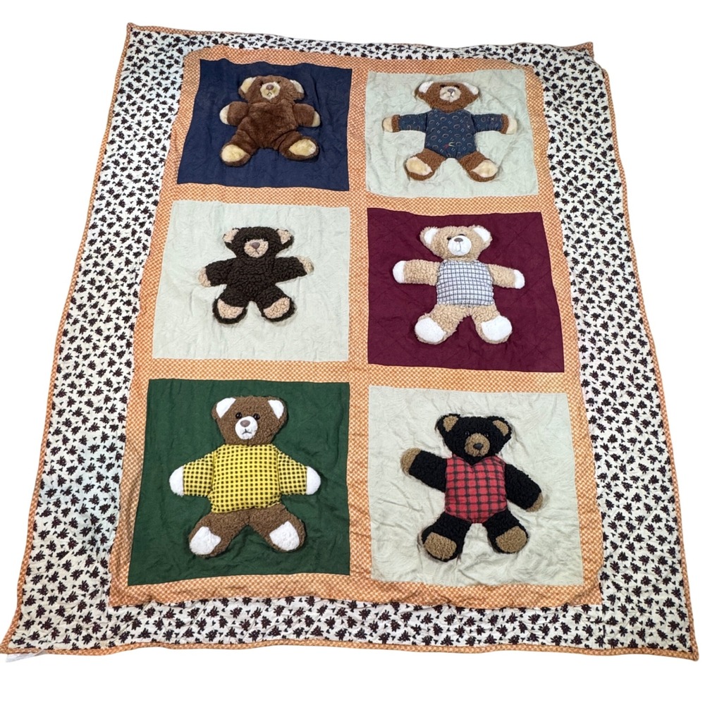 Vintage Cracker Barrel Teddy Bear Patchwork Quilt Plush 3D Nursery Blanket 46x52
